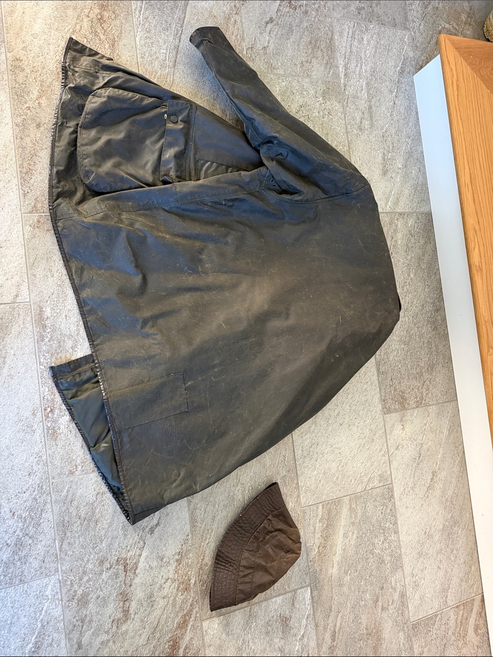 Barbour Dark Olive Waxed Cotton Field Jacket with Brown Cord Collar and Hat - Picture 11 of 16